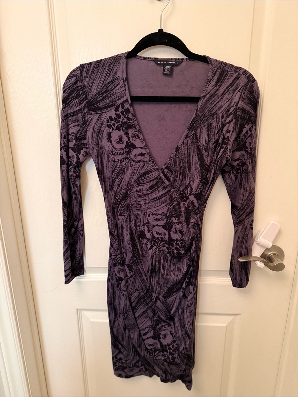 Banana Republic Lavender and Black Floral-Print Long Sleeve Wrap Dress